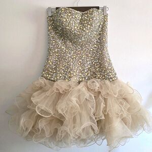 Sherri Hill Dress Beaded Ruffle Bottom Short Mini Hoco Gold Blush Champaign Sz 2
